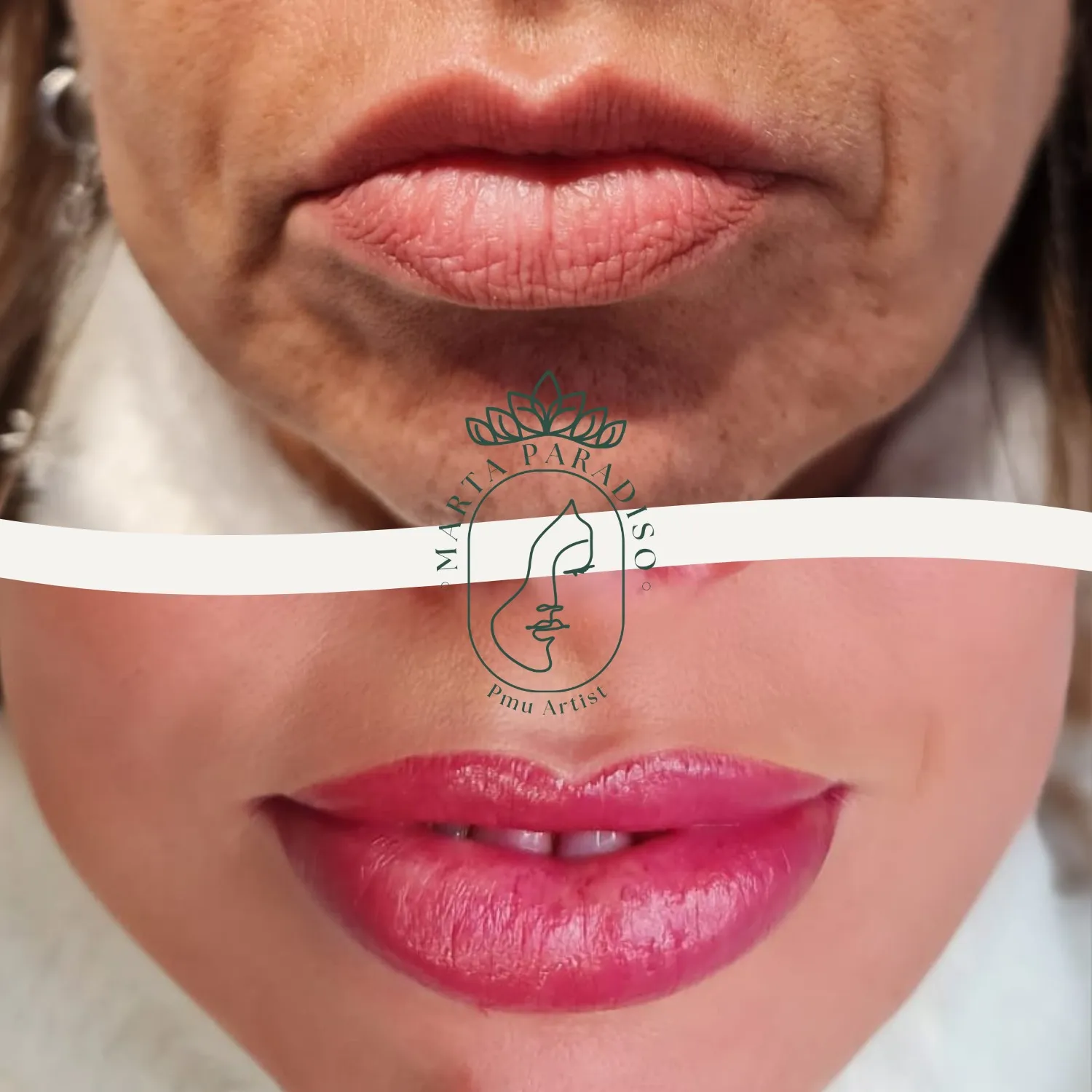 Labbra prima e dopo il trucco semipermanente con effetto pieno e definito, realizzato a Varese