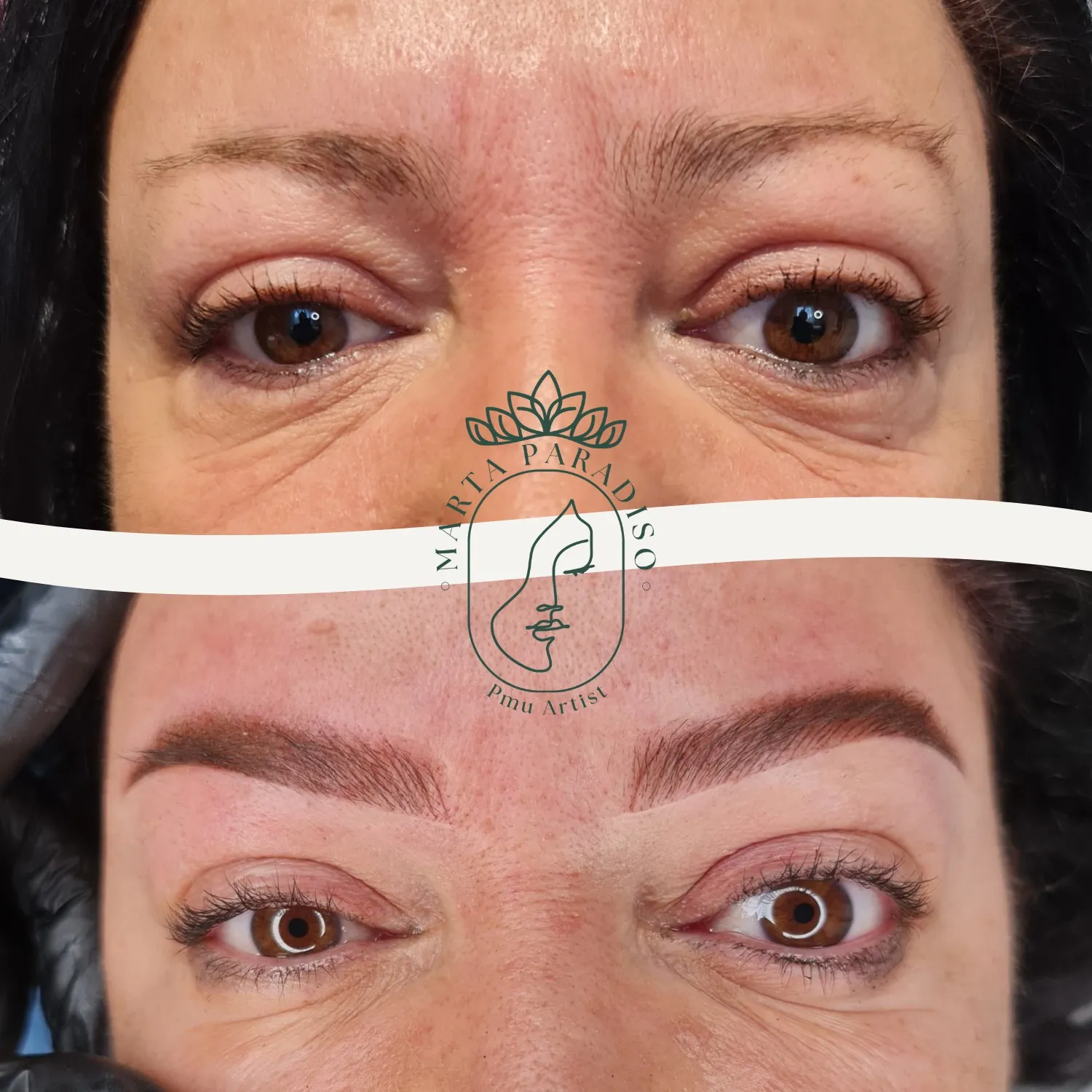 Sopracciglia prima e dopo il trucco semipermanente con effetto pelo realistico, realizzato a Varese da Marta Paradiso